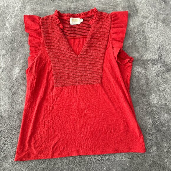 Nation LTD Red Orange Flutter Sleeve Smocked Tee Shirt SMALL - Picture 1 of 7